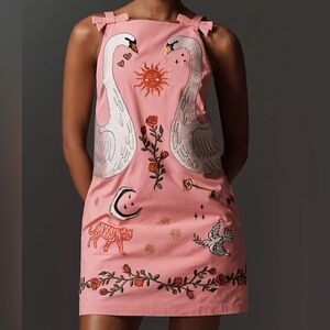 Anthropologie Pink Swan and Tiger Embroidered Dress